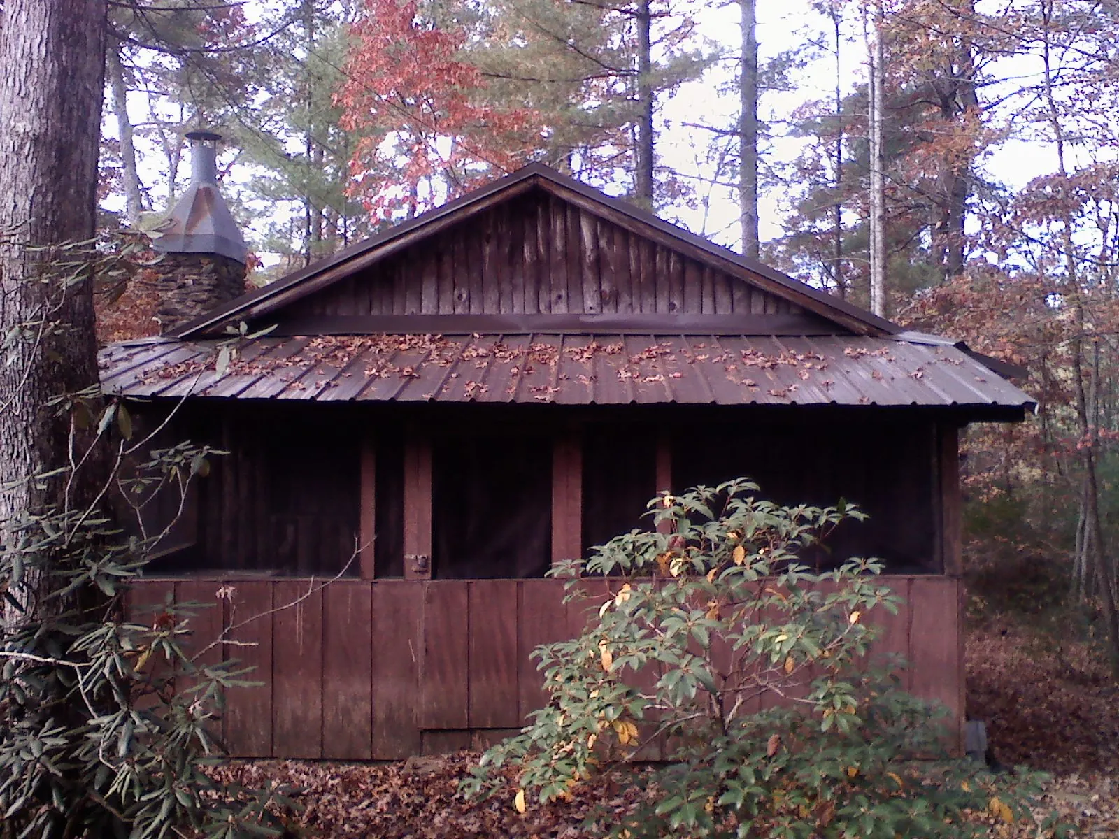 Metal roof over the screened porch of a rustic cabin in Chambersburg